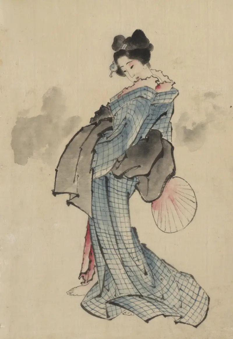Woman, full-length portrait, standing, facing left, holding fan in right hand, wearing kimono with check design av Katsushika Hokusai
