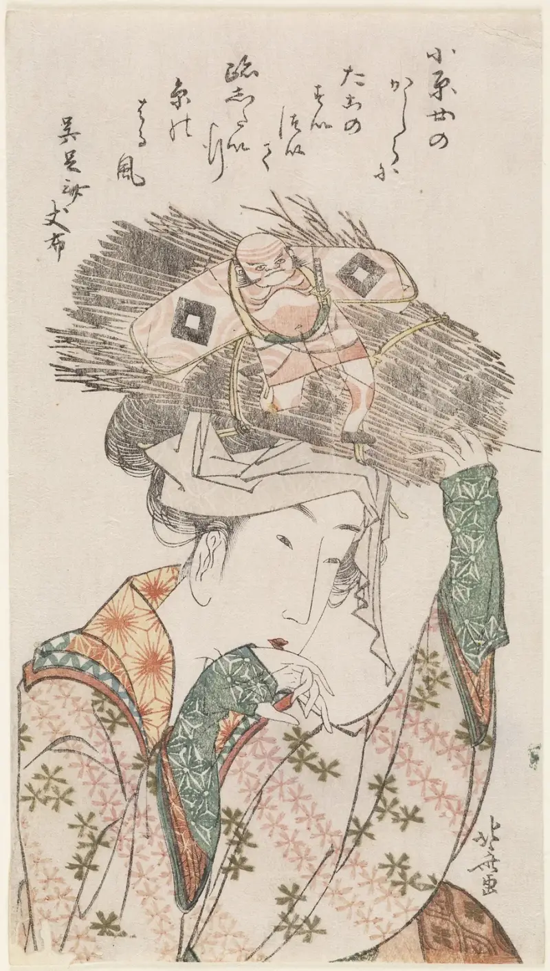 Frau aus Ōhara mit Reisigbündel und Drachen von Katsushika Hokusai