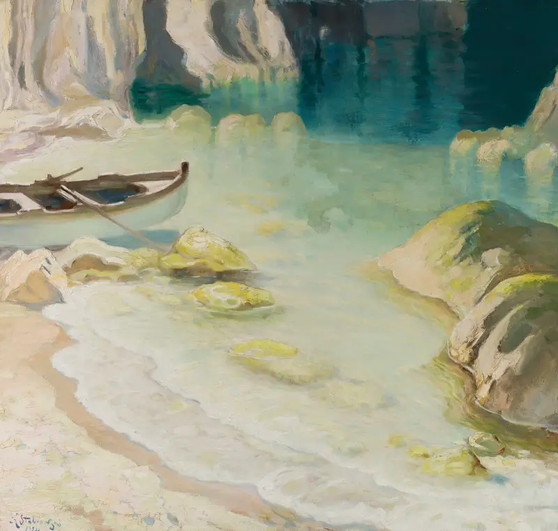 Boat at rocky coast av Kazimierz Stabrowski
