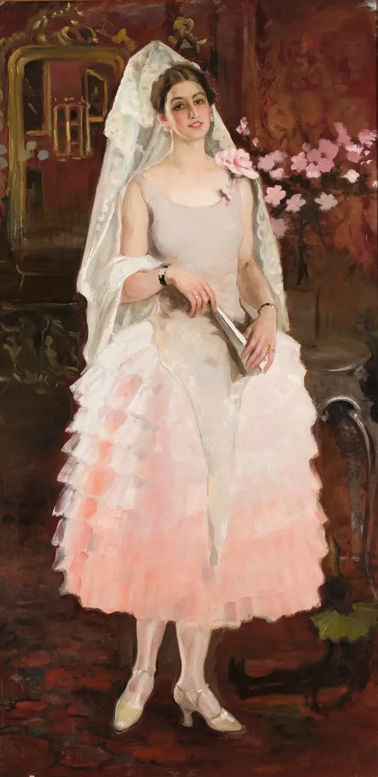 Portrait of a lady in pink dress – Spanish woman av Kazimierz Stabrowski