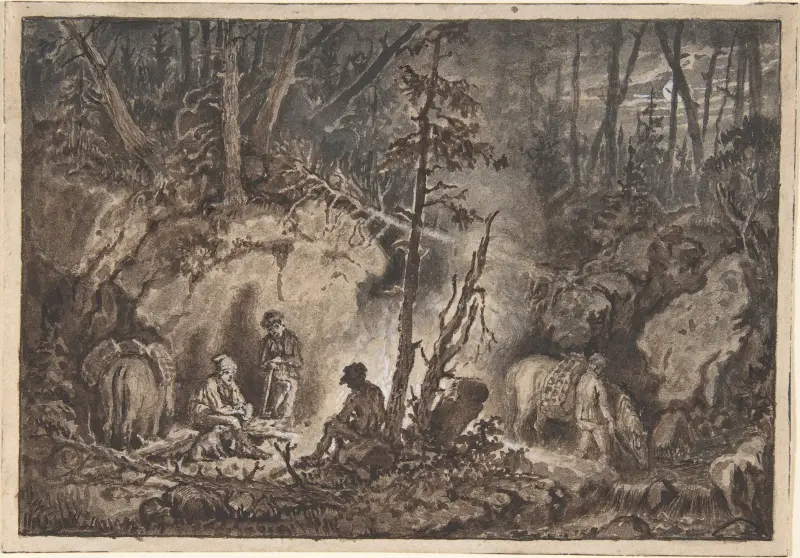 Jäger ruhen in einem Wald bei Nacht von Kilian Zoll