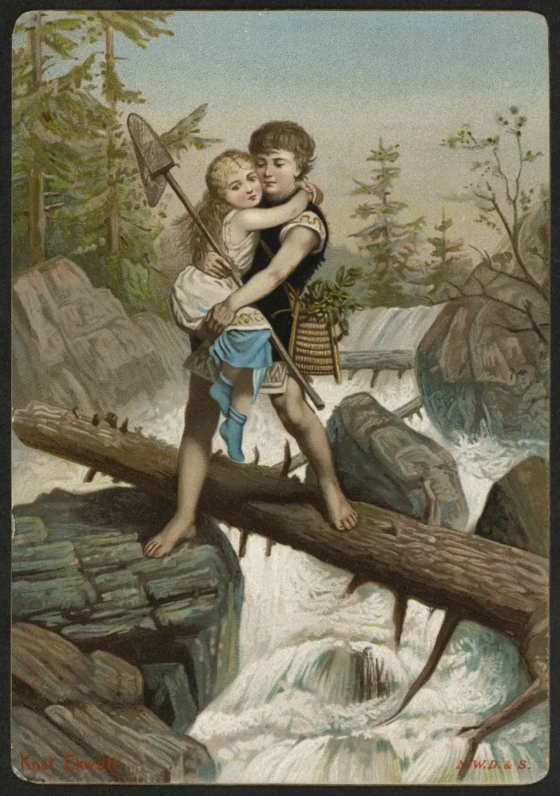 Boy carries girl across river av Knut Ekwall
