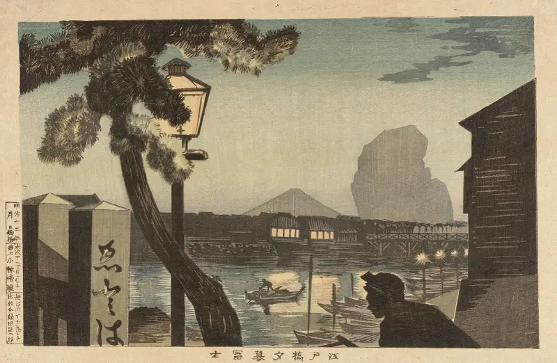 Berget Fuji i skymningen från Edobron av Kobayashi Kiyochika