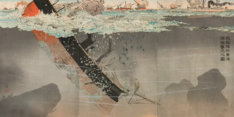 Our Navy Sinking a Chinese Warship in the Yellow Sea av Kobayashi Kiyochika