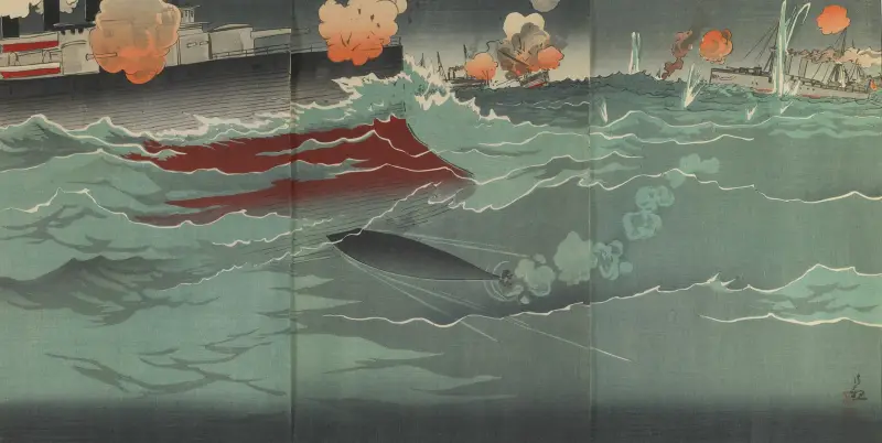 Our Torpedo Hitting a Russian Warship at the Great Naval Battle of Port Arthur av Kobayashi Kiyochika
