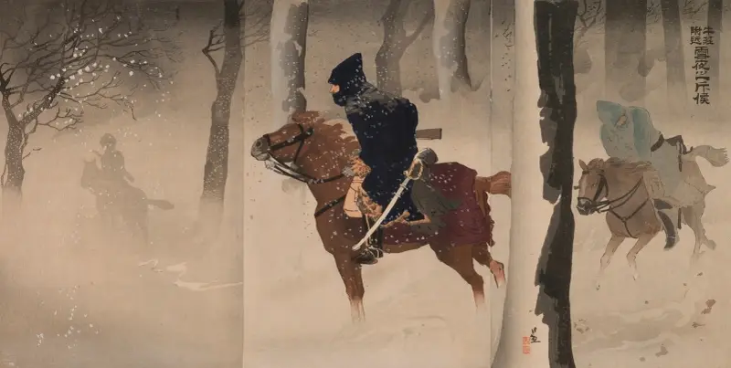 Spejare nära Nuizhuang en snöig natt av Kobayashi Kiyochika