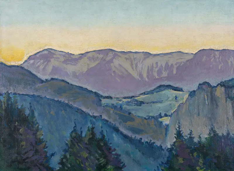 Blick auf die Rax von der Villa Mautner v. Markhof im Abendlicht av Koloman Moser