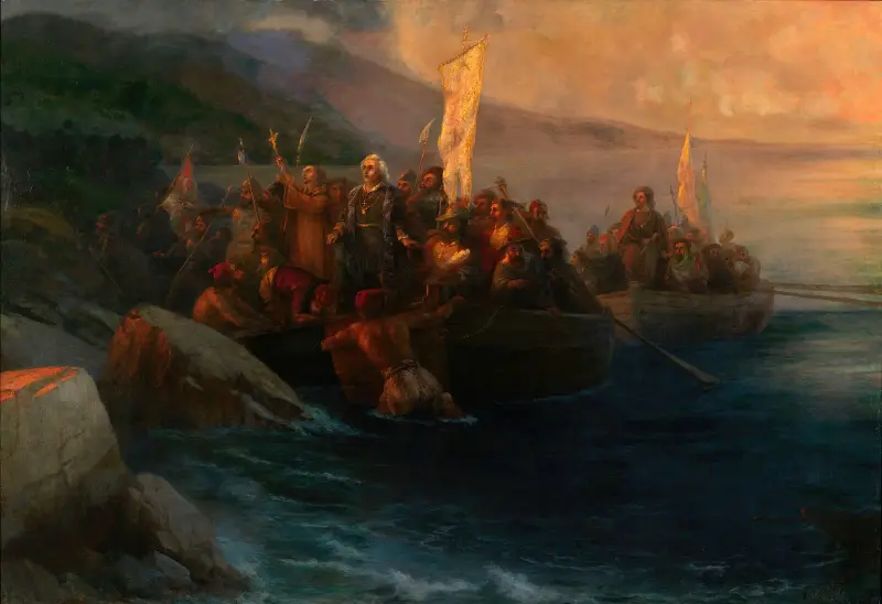 The Disembarkation of Christopher Columbus with Companions on Three Launches, on Friday 12th October 1492, At Sunrise, on an American Island Named San Salvador by Him on the Very Same Day av Ivan Konstantinovich Aivazovsky