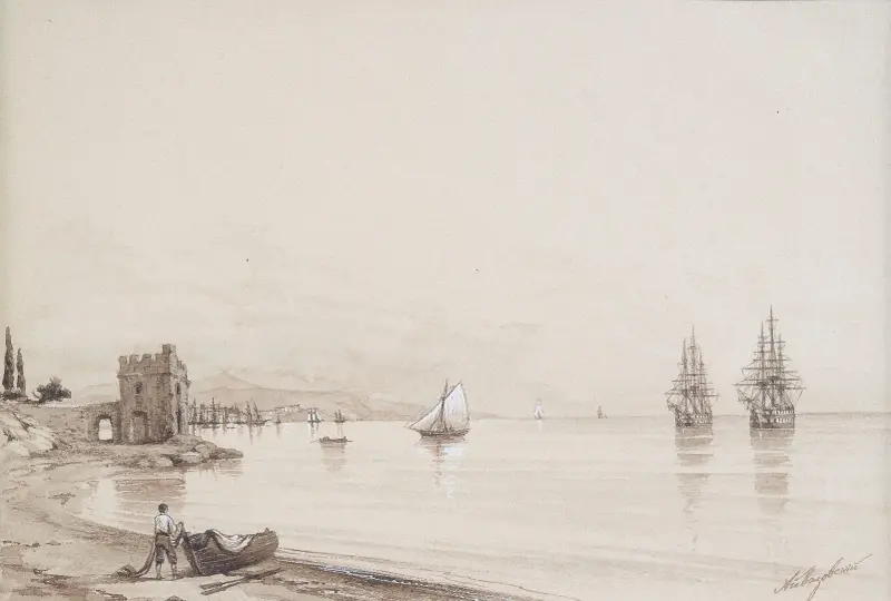 View of a bay with numerous sailing-ships av Ivan Konstantinovich Aivazovsky