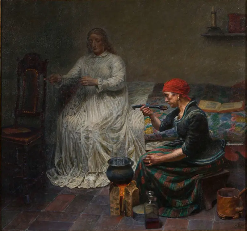 Leonora Christina in Blaataarn. The woman is cooking porridge av Kristian Zahrtmann