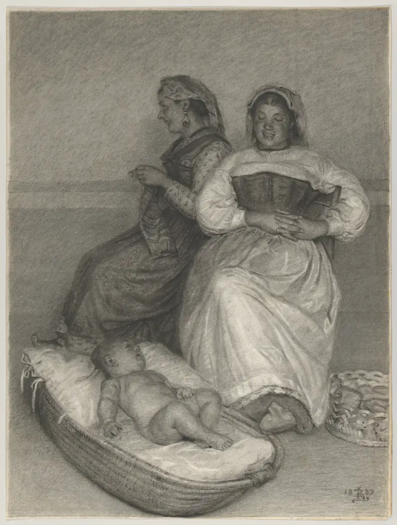 Two Seated Italian Women with a Baby in a Cradle av Kristian Zahrtmann