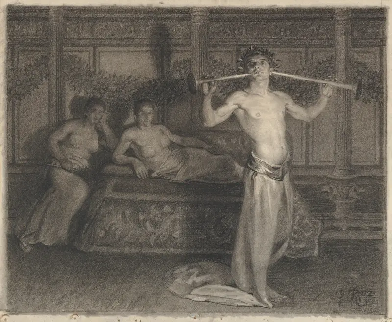 Two Women in an Interior Listening to a Young Musician in Antique Times av Kristian Zahrtmann