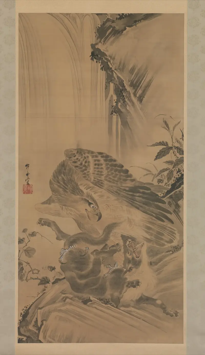 Örn anfaller en bergslejon av Kawanabe Kyōsai