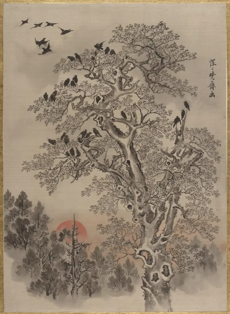 Schwarm von Krähen im Morgengrauen von Kawanabe Kyōsai