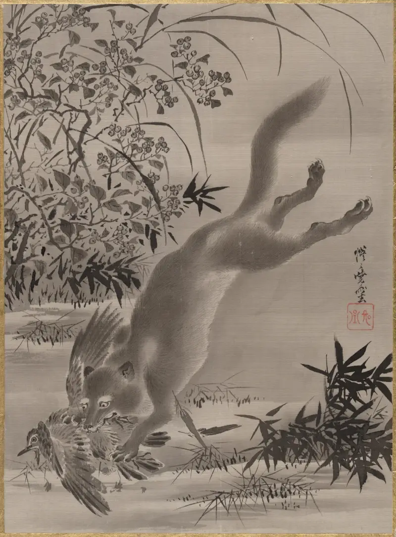 Fox Catching Bird av Kawanabe Kyōsai