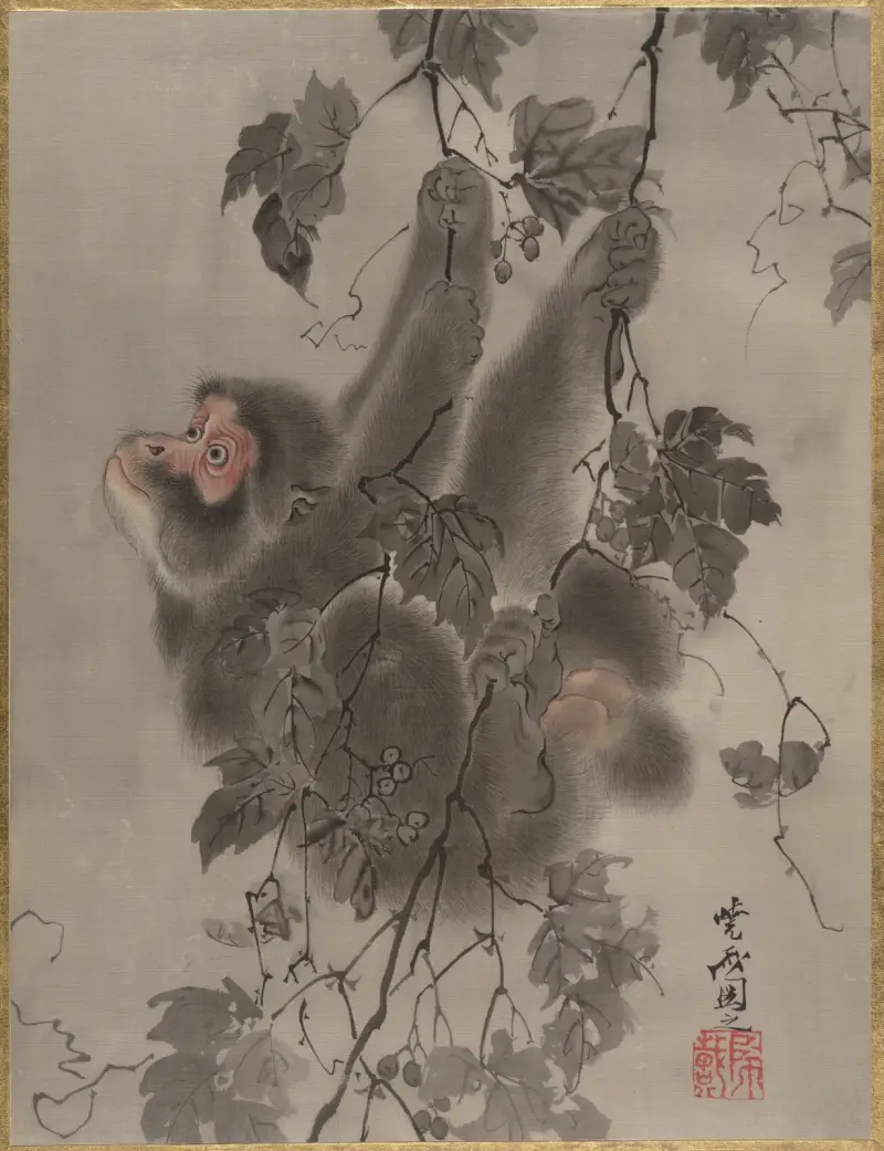 Apa hängande i vinrankor av Kawanabe Kyōsai