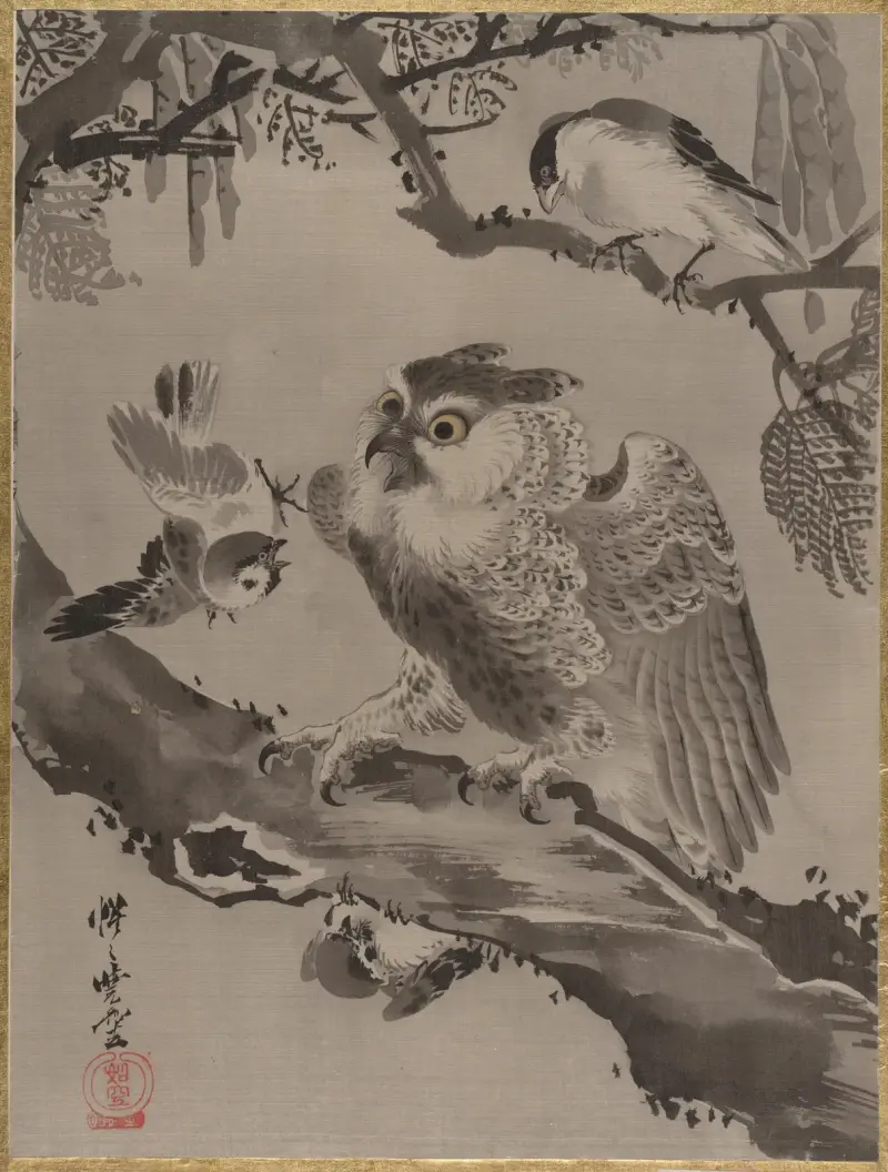 Owl Mocked by Small Birds av Kawanabe Kyōsai
