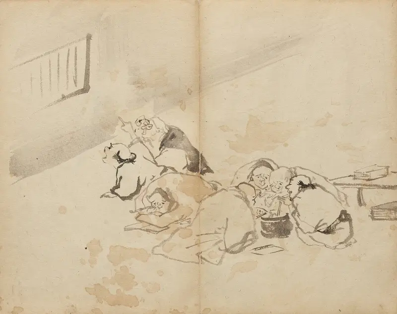 Lidé při jídle a čtení, Kawanabe Kyōsai
