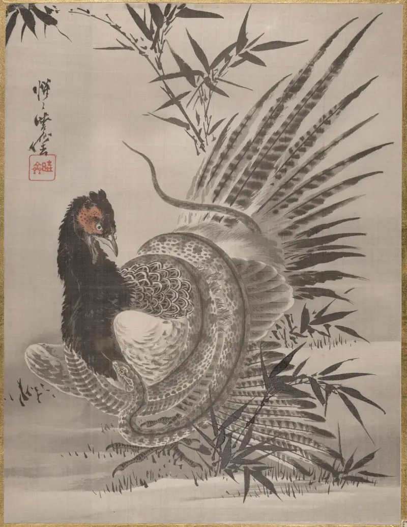 Fasan fångad av orm av Kawanabe Kyōsai