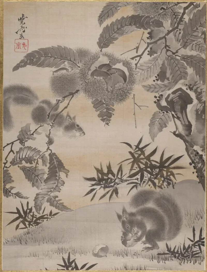Ekorrar som samlar kastanjer av Kawanabe Kyōsai