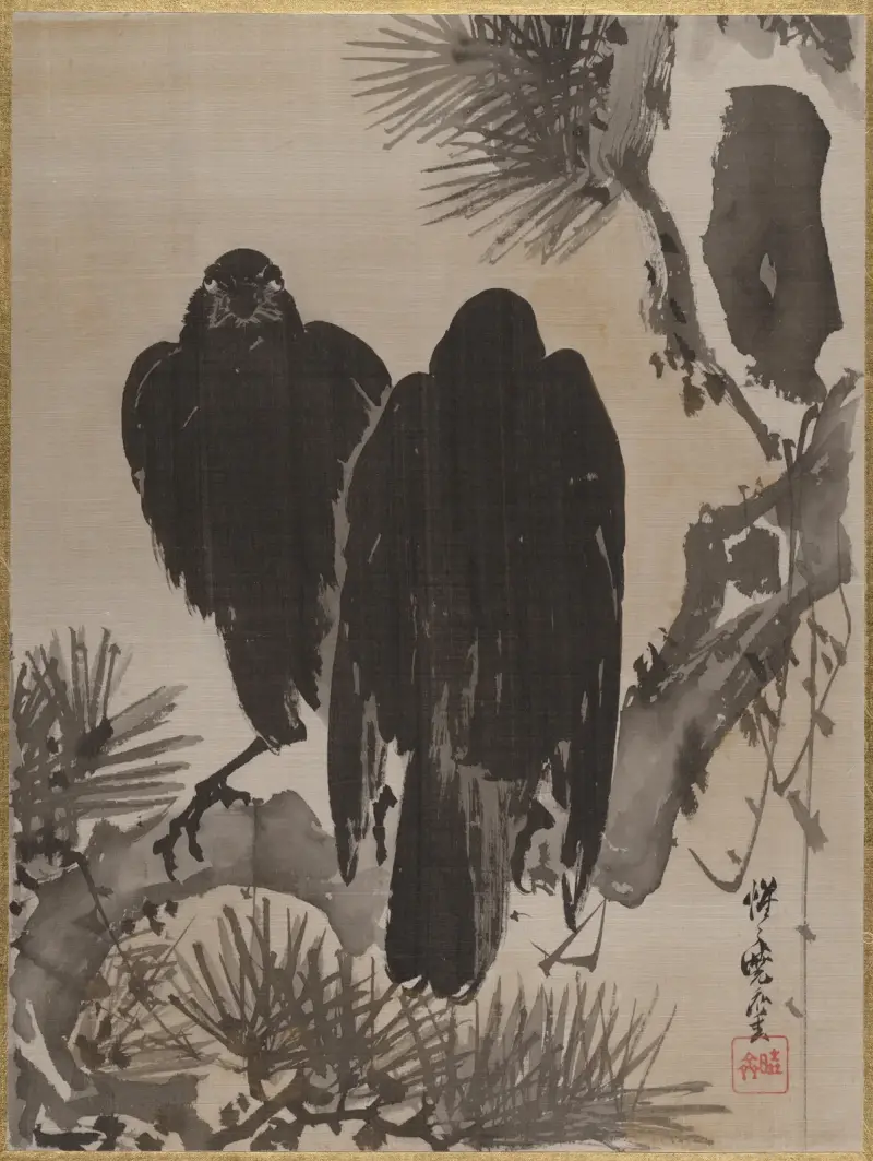 Två kråkor på en tallgren av Kawanabe Kyōsai
