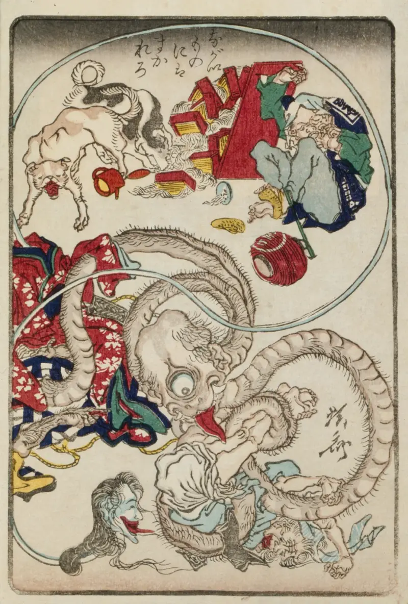 Två långhalsade varelser trakasserar en nudelståndskund av Kawanabe Kyōsai