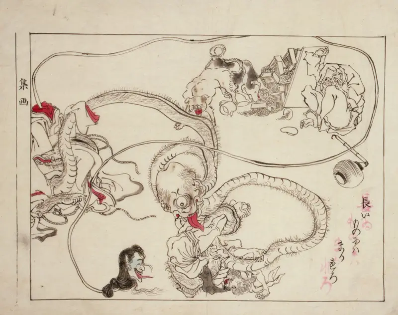 Two long-necked creatures accosting a noodle shop customer av Kawanabe Kyōsai