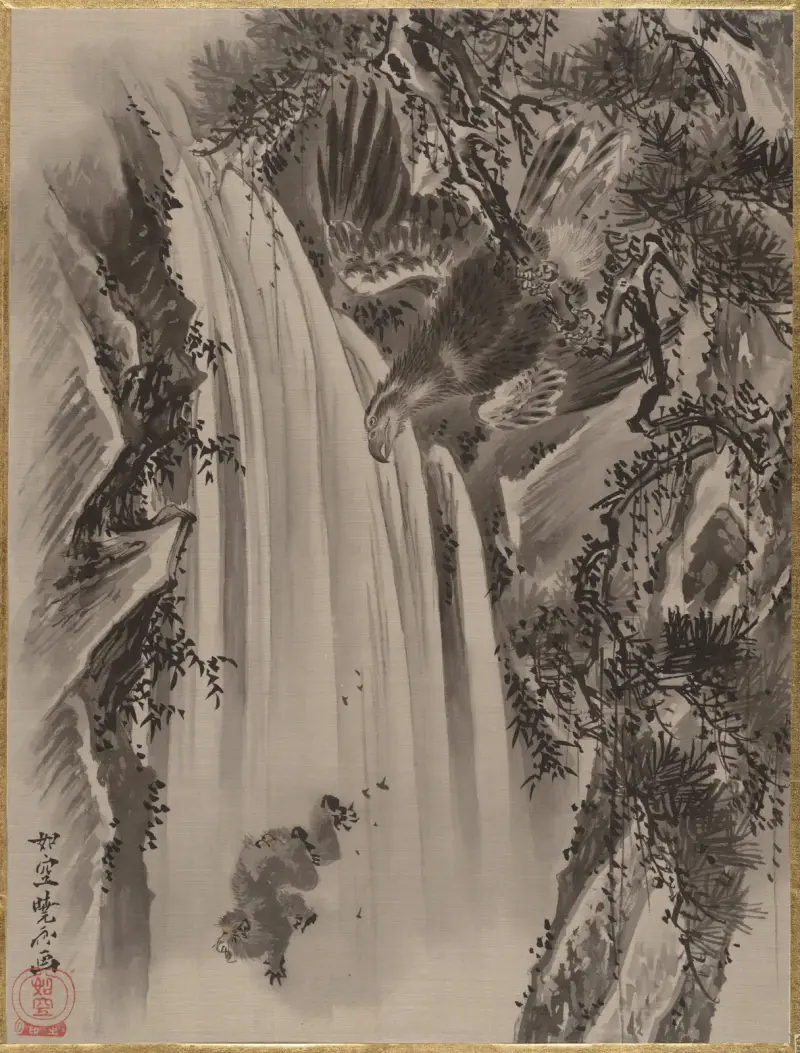 Waterfall, Eagle and Monkey av Kawanabe Kyōsai