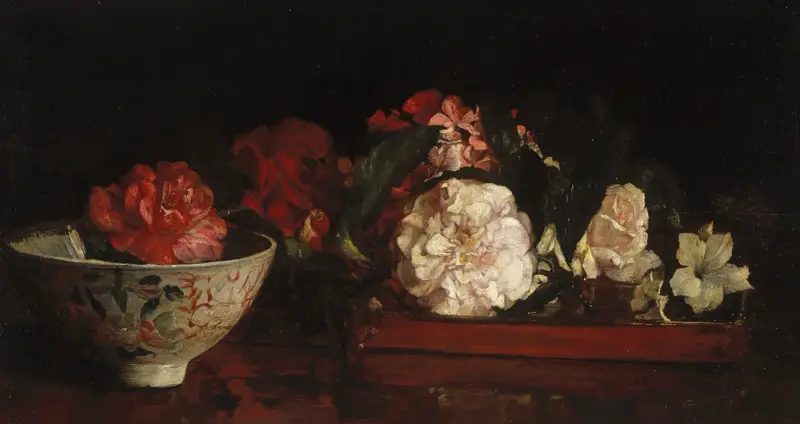 Flowers On A Japanese Tray On A Mahogany Table av John La Farge
