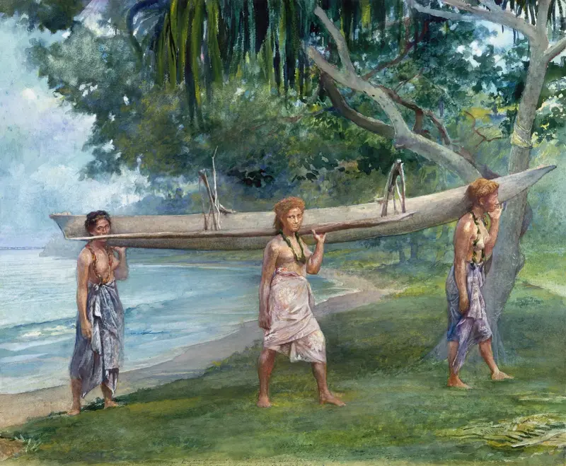 Girls Carrying a Canoe-Vaiala in Samoa av John La Farge