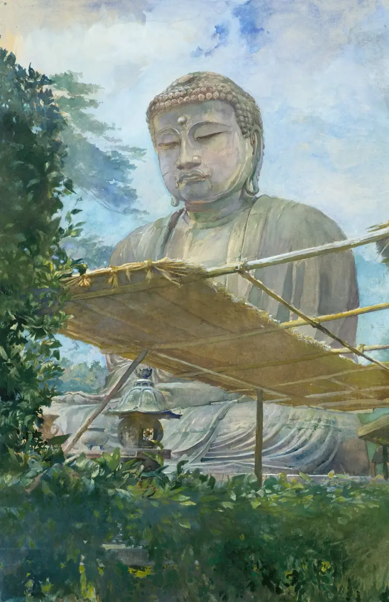 Den stora Amida-Buddhastatyn i Kamakura, känd som Daibutsu, från prästens trädgård av John La Farge