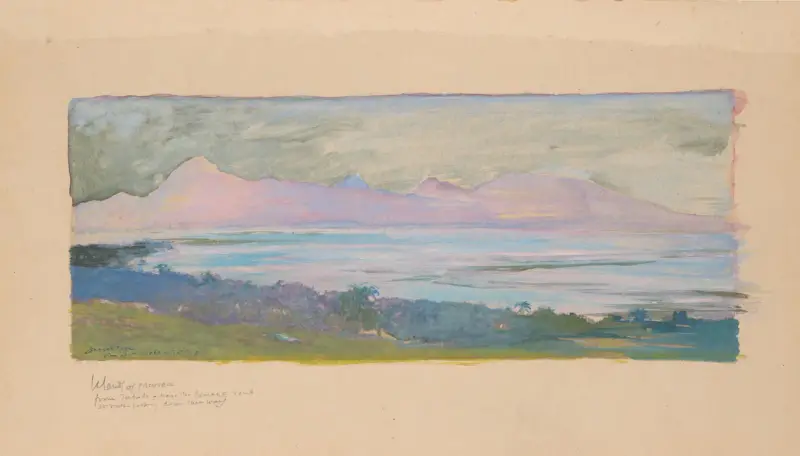 Ostrov Moorea, pohled přes průliv z Tahiti, leden 1891, John La Farge
