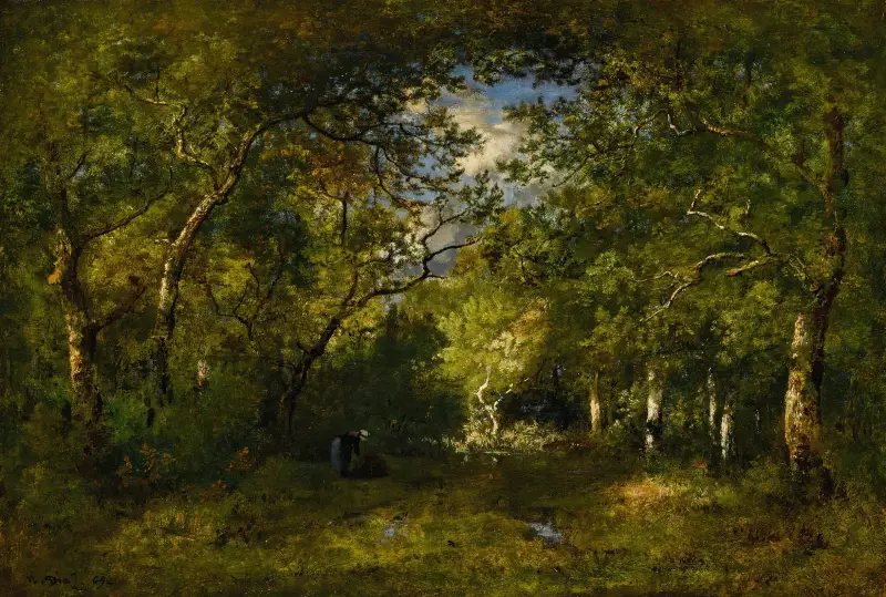 Allé i skogen, kvinna böjd under sin knippa ved, spår av vatten av Narcisse-Virgile Diaz de La Peña