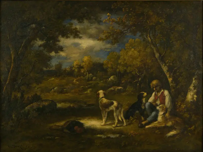 Pojke med sina hundar i en skog av Narcisse-Virgile Diaz de La Peña