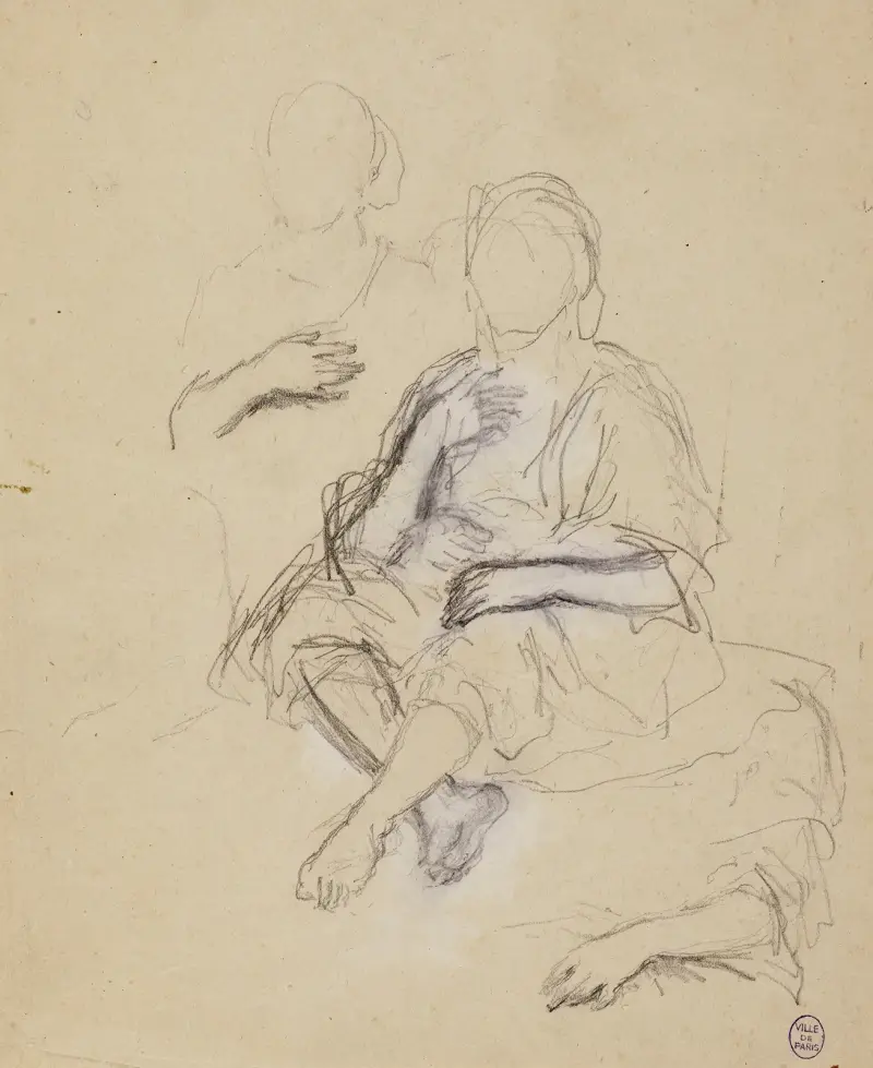 Två draperade figurer sittande framifrån och armstudie av Narcisse-Virgile Diaz de La Peña