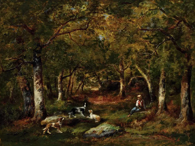 Barn och jakthundar i skogen av Narcisse-Virgile Diaz de La Peña