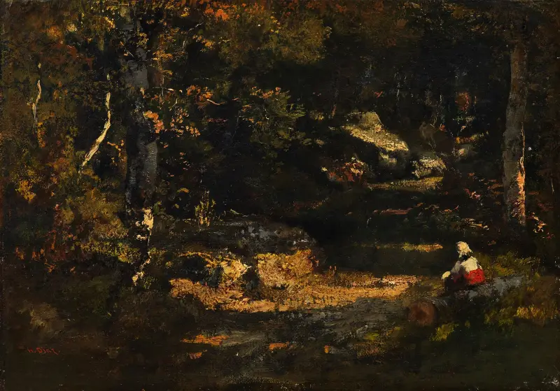 Kvinna sittande på en trädstam av Narcisse-Virgile Diaz de La Peña