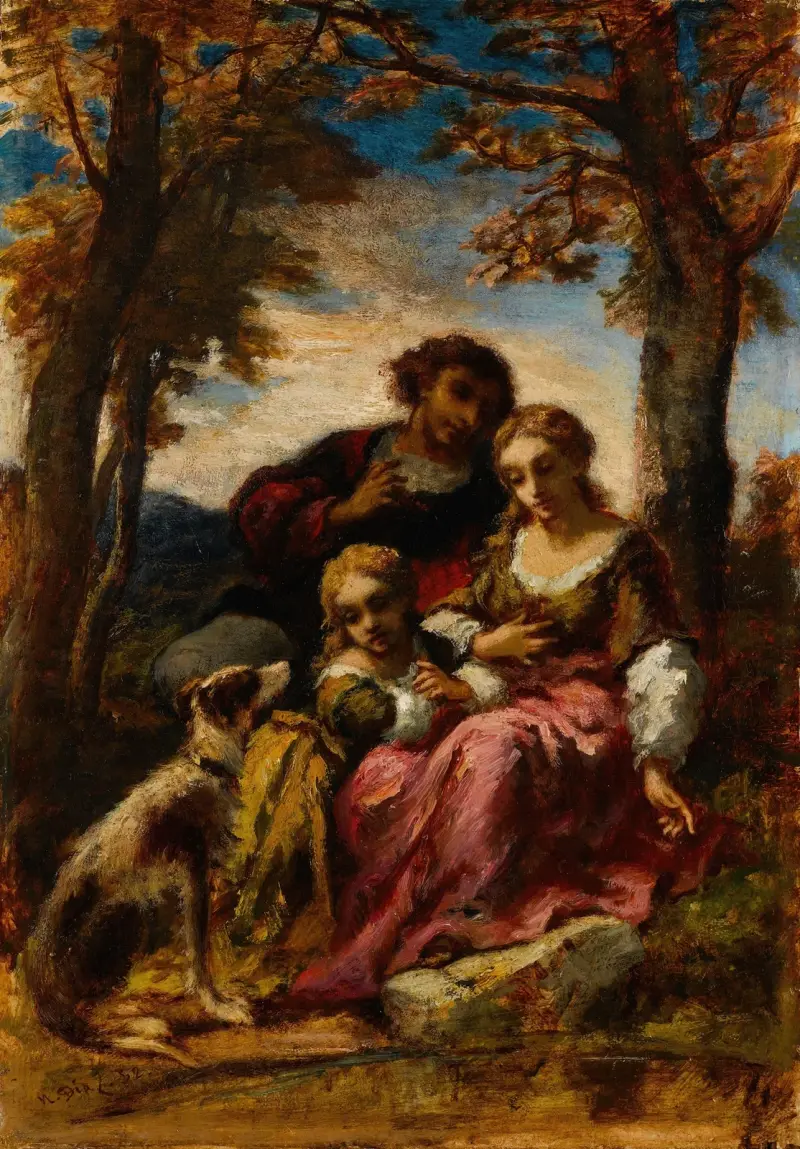 Figurer och en hund i ett landskap av Narcisse-Virgile Diaz de La Peña