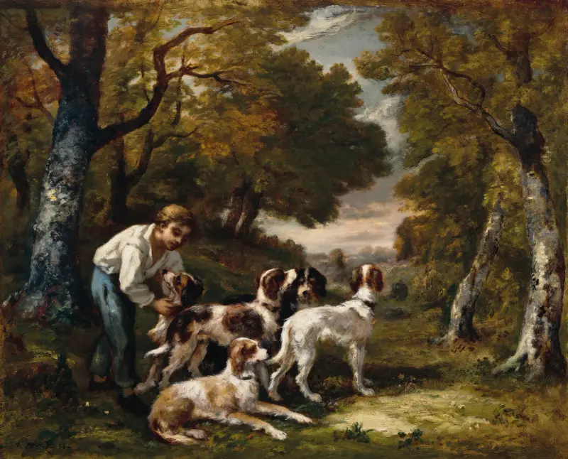 Pojke och fem hundar i skogen av Narcisse-Virgile Diaz de La Peña