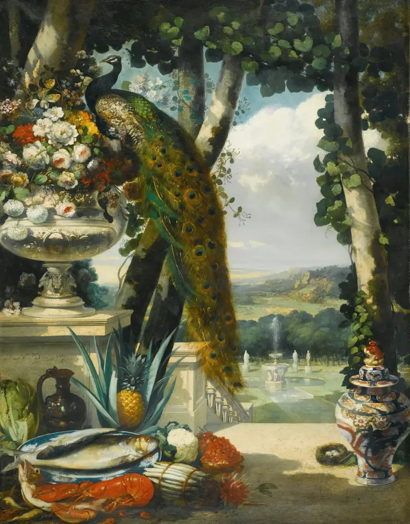 Still life with peacock, flowers, fruit and japanese vase, an extensive park landscape beyond av Narcisse-Virgile Diaz de La Peña