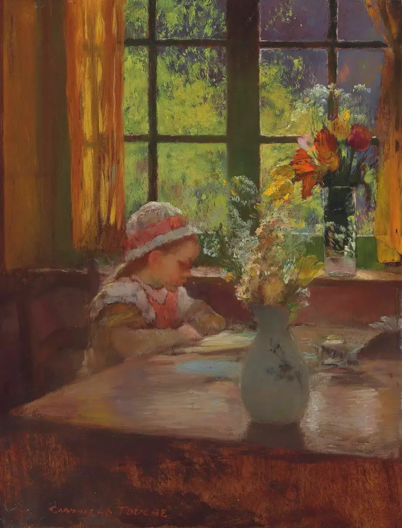 Junges Mädchen mit Haube beim Lesen am Fenster von Gaston La Touche