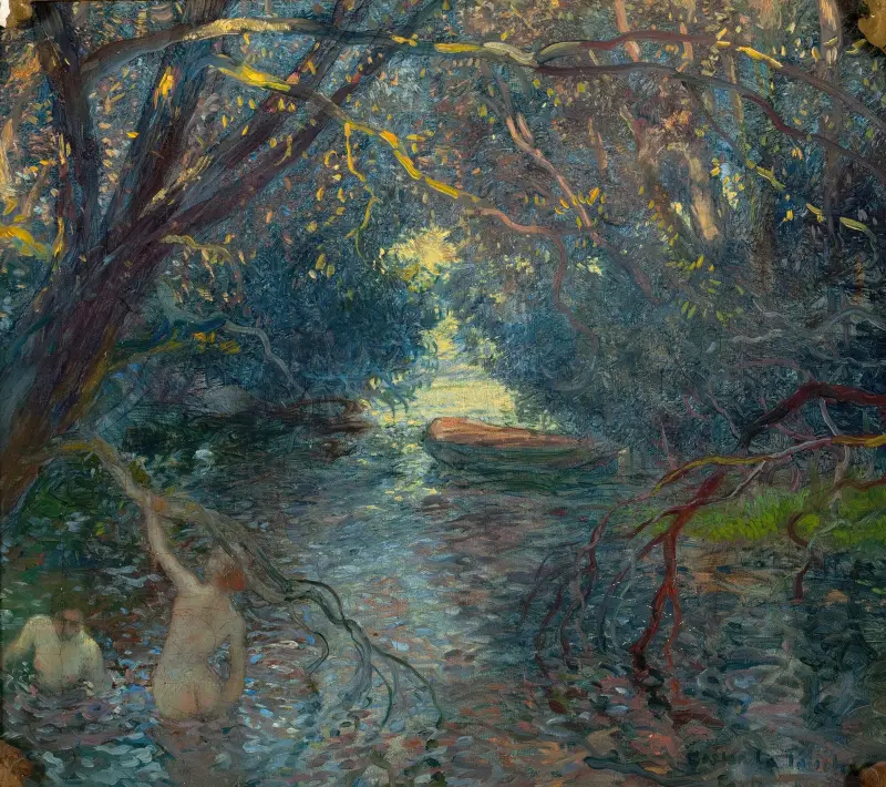 Rybník, koupající se, kánoe, Gaston La Touche