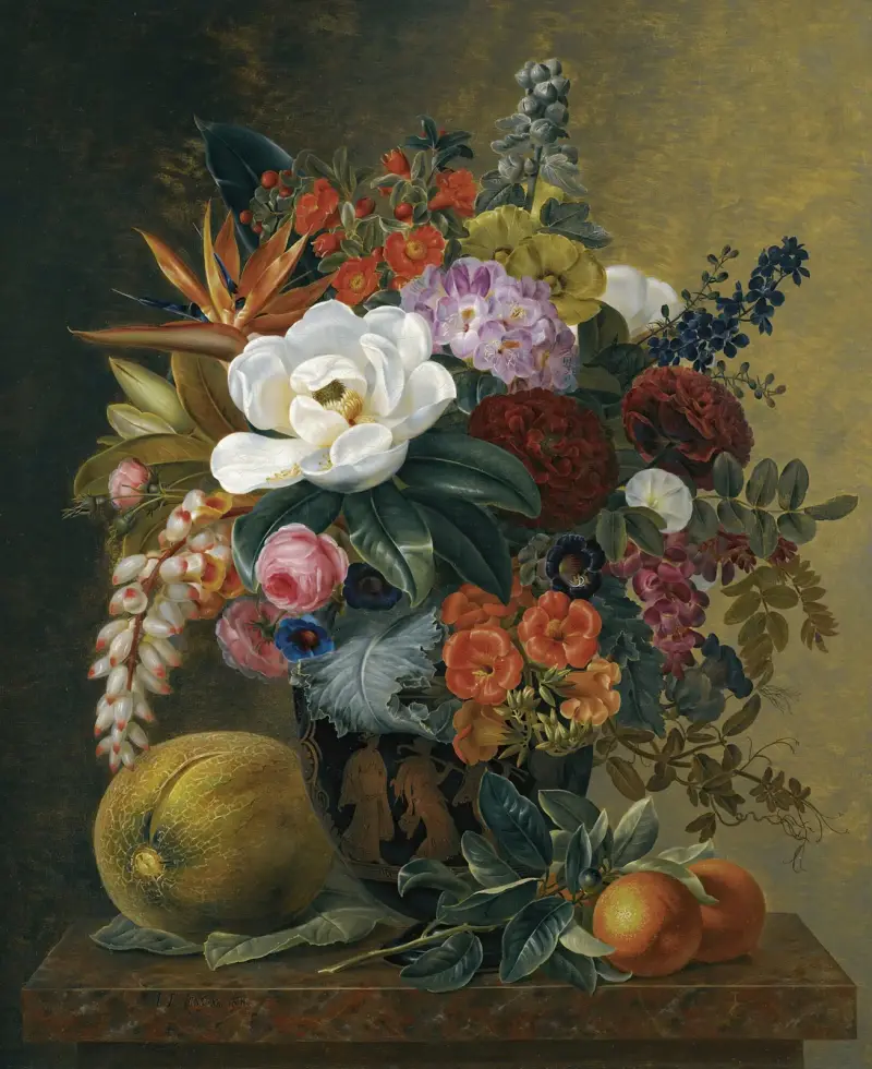 Exotic blooms in a Grecian krater with fruit on a marble ledge av Johan Laurentz Jensen