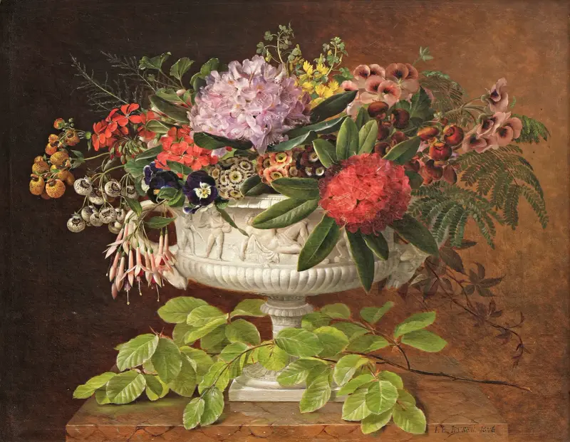 Flowers in a centrepiece on a marble windowsill with a beech branch av Johan Laurentz Jensen