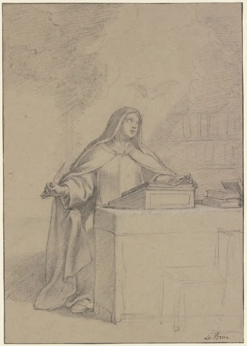 Die Heilige Lucilia vom Heiligen Geist inspiriert am Pulte schreibend av Charles Le Brun