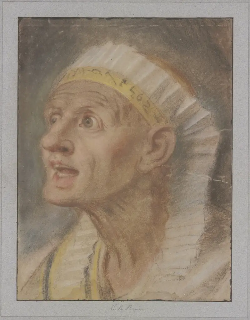 Kopf einer Königin mit ägyptischem Kopfputz aus den ‘Königinnen zu Füßen Alexanders des Großen’ av Charles Le Brun