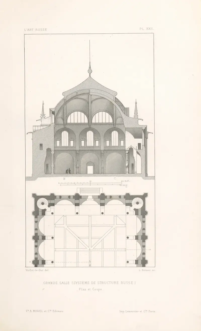 Grande salle (système de structure russe). — Plan et coupe av Eugène-Emmanuel Viollet-le-Duc