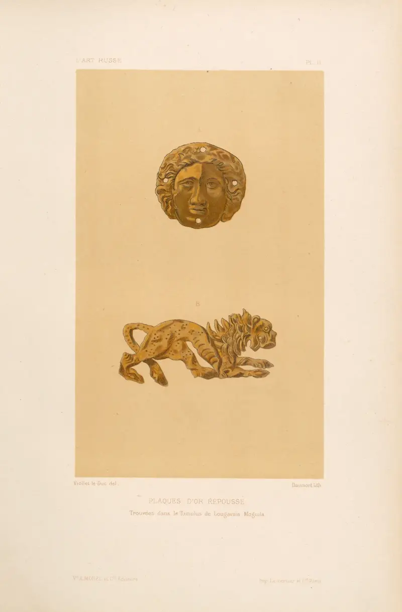 Plaques d’or repoussé trouvées dans le tumulus de Lougavaïa Moguila av Eugène-Emmanuel Viollet-le-Duc