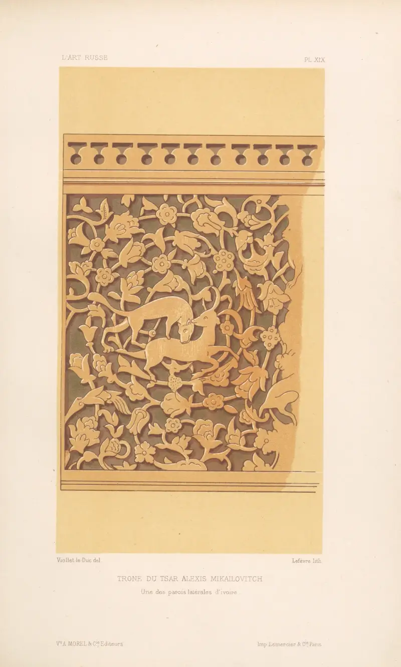 Trône du tsar Alexis Mikaïlovitch. — Une des parois latérales d’ivoire av Eugène-Emmanuel Viollet-le-Duc
