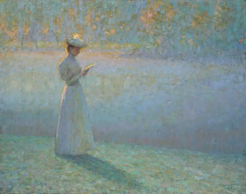 Kvinna läsande i landskap av Henri Le Sidaner